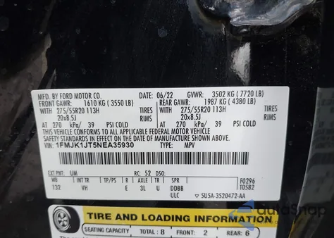 2022 Ford Expedition Xlt Max из США, поврежденный, VIN 1FMJK1JT5NEA35930